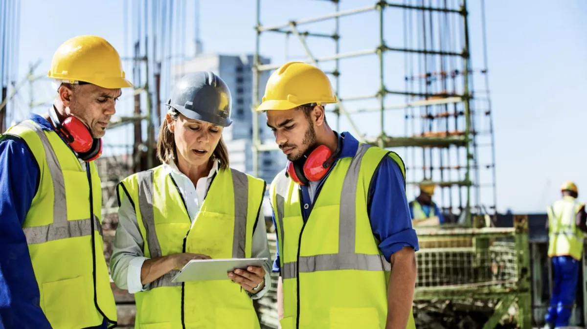 Three construction workers in hard hats and hi-vis reviewing plans on a tablet together