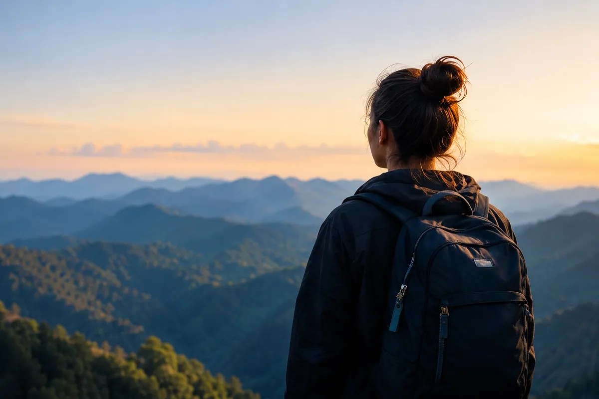 A hiker with a backpack looking out over misty mountains at sunrise
